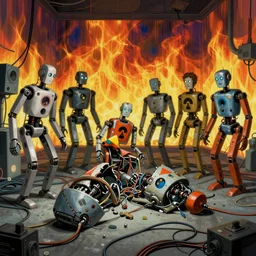 broken robots in a room with radiation, a lot of cables around, by francis bacon, by ayami kojima, by amano, by karol bak, greg hildebrandt, by mark brooks, by alex grey, by zdzisław beksinski, by takato yamamoto, wrapped thermal background