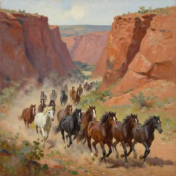 lots of horses running through the canyon, they might be crawling, original oil on canvas painting by sydney mount