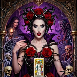 closeup portrait athena succubus gothic varga elvira barb wire megan fox maleficent roses medusa, wicca, ornate arch, druid magical seance, cthulhu, kraken, skulls, spider webs, glamour pose, moebius, gta v, dan mumford, mucha, nagel, tarot card, d & d, new art nouveau, vibrant, greg rutkowski,