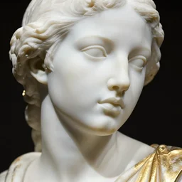 close up of face of female fashion model, white marble by auguste rodin, gold plated, valentino dress, highly detailed