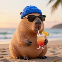 a photorealistic picture of a knitted Capybara wearing sunglasses, a blue beanie cap and sipping from a cosmopolitan drink at the beach during sunset Trending on Artstation, featured on Behance, well-rendered, fine detail, extra crisp image, Unreal Engine, 4K HD