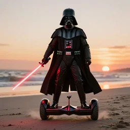 a photorealistic photograph of darth vader riding a hoverboard at the beach during sunset. he is wielding a red lightsaber. illuminated scene. fine detail. this 4 k hd image is trending on artstation, featured on behance, well - rendered, extra crisp, features intricate detail, epic composition and the style of unreal engine.