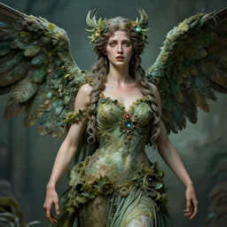 highly detailed and hyperrealistic fearful portrait of harpy goddess in glorious outfit of nature magically beautiful and realistic in style of michelangelo 8 k