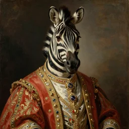 a professional portrait painting of a zebra with a human body, wearing decorated royal clothes, serious look, oil painting, painted by Jean Auguste Dominique Ingres, detailed