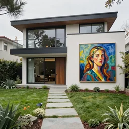 an extremely expensive modern home in a very rich neighborhood in San Francisco, beautiful garden out front, modernist design, beautiful painting, oil on canvas, by Ewa Czarniecka, award winning masterpiece,