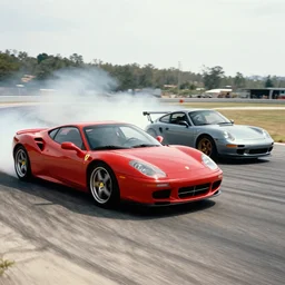film still of a Ferrari and a Porsche drifting in the Cannonball Run movie, 4k