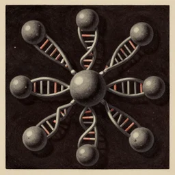 retro dark vintage sci-fi : : 2D matte dark gouache illustration : : DNA connecting spheres : : symetric