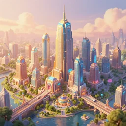 isometric solarpunk metropolis at sunrise beautiful enchanted