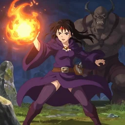 anime female wizard casting a fireball at an orc