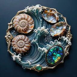 art nouveau cresting oil slick waves, ammonite, paua shell, ammolite, black opals, rococo, organic rippling spirals, realistic hyperdetailed ultrasharp octane render, oil slick bubbles