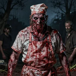 creepy bloody butcher, extreme fine detail background, night, highly detailed, high quality, digital painting, hyperrealistic, by nicola samori and wayne barlowe and lucian freud