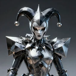 front shot of a court jester character ominous fractal hyper cubes platinum cracked dark future metallic galactic fluid edges poly elegant detailed concept artstation sharp focus ray tracing cinematic masterpiece fine portrait