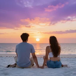 man, girl, woman sitting on a white sand beach watching the sunset, highly detailed photograph high definition nef 8 k