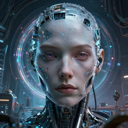 detailed face of a cyborg, large hadron collider, dimensional portal, teleportation, wet reflections, prism, atmospheric, ambient, pj crook, syd mead, livia prima, artgerm, greg rutkowski, nick alm, casey baugh