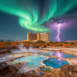 luxor hotel on danakil depression of the place with acid pools in mount roraima during autumn season on an interstellar aurora borealis with heavy thunder and lightning, pink waterfalls, by peter mohrbacher, james jean, james gilleard, greg rutkowski, vincent di fate, rule of thirds, octane render, beautiful landscape