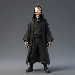 a full body shot of Grim Reaper by Studio Trigger, skeleton face, his eyes glow in fire, mohawk haircut , sport pants, highly detailed, artstation