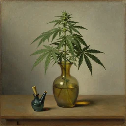 Dutch still life from the 1600s, old oil painting: Cannabis plant in vase, Glas Bong (Weed)