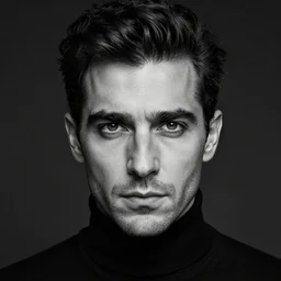 black and white head shot, studio photograph of a male symmetrical handsome andrea belluci the painter artist, turtle neck, anxiety and depression, intricate, elegant, highly detailed, hyper realistic, dark background, flickr, smooth, 4 k, 3 0 0 dpi, sharp focus, shot by canon