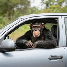 a chimpanzee driving a car, wide shot, unsplash 4k, midday, professional photography