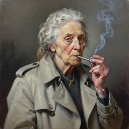 palette knife oil painting portrait of ariadne, a mysterious spiritual guide who is a chain smoking old lady in an ashen trench coat. extreme detail, any racial background, artstation trending, artgerm, deviant art, octane, substance, art history 8 k