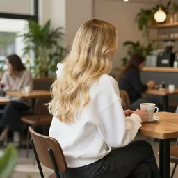 long blonde hair, wavy hair, back turned, turned away, not facing camera, white hoodie, short, in coffee shop, inside, plants, soft lighting, baggy clothes, sitting, table, sitting at table, cup of coffee, 8 k, high definition, illustration, art, realistic art, people at other tables