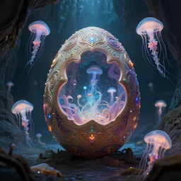 a mystical egg with elaborate design inside a cave full of floating jellyfish, wlop, concept art, digital painting, trending on artstation, highly detailed, epic composition, 8 k uhd