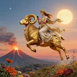 goddess by josephine wall, goddess riding ram, flying ram, golden ram, goddess checking her phone, erupting volcano in distance, flowers in foreground, sun setting on right side of image, stars in sky on left side of image, trending on artstation, fantasy, intricately detailed