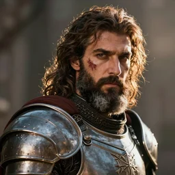 a portrait of mena massoud as a bearded man, battle scars on face, paladin armor, brown hair, some grey hair in beard, style by donato giancola, wayne reynolds, jeff easley dramatic light, high detail, cinematic lighting, artstation, dungeons and dragons