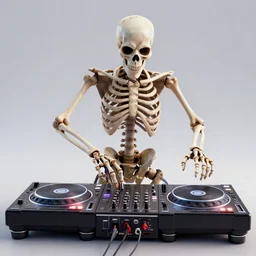 3d rendered skeletor DJing with DJ turntables, unreal, artstation