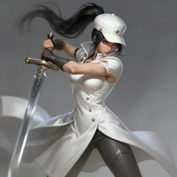 a highly detailed illustration of fierce messy ponytail black haired one armed delinquent woman wearing white cap wearing long white coat cape, dramatic wielding sword pose, muscular, intricate, elegant, highly detailed, centered, digital painting, artstation, concept art, smooth, sharp focus, league of legends concept art, wlop.