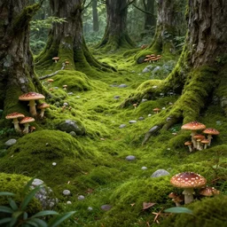 moss landscape, lush, mushrooms, stones, ancient forest, intricate, hyper detailed, artstation, concept art, smooth, sharp focus, ray tracing, vibrant, photorealistic