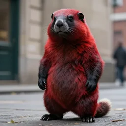 red furrysona stoat coalpunk urbanscene photorealism masculine furry black