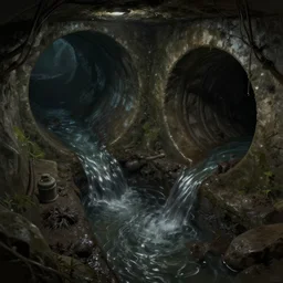 intersection of sewer tunnels. fantasy art, underground, stream, musty, sewage, darkness, underground, catacombs, abandoned spaces, torchlight. sketch art earthdawn campaign setting. myth drannor. parlainth. by fred fields.