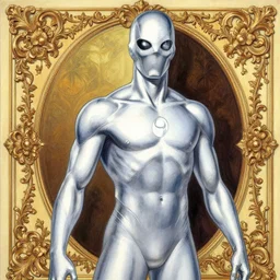 vonklepp movie poster, comic book page, oil painting, of a silver, silver surfer, album cover, baroque, victorian, by hajime sorayama 4 k