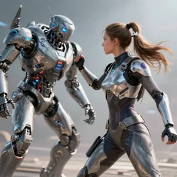 a very detailed digital image of a futuristic lady batteling a futuristic robot, by Andrew Chiampo, artstation, and Frederik Heyman, extraordinarily detailed woman, stunning volumetric lighting, hyperrealism. fantasy 4k