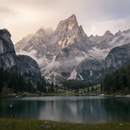 extremely beautiful alpine scenery at sunrise, dolomites, calm lake in foreground, intricate details, foggy skies