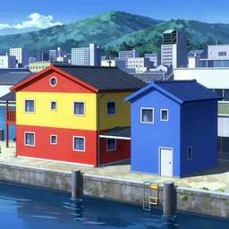 wharf, [ red - yellow - blue building ], city on mountainside in distance, japanese city, cel - shading, 2 0 0 1 anime, flcl, jet set radio future, the world ends with you, sunshine, cel - shaded, strong shadows, vivid hues, y 2 k aesthetic, art by artgerm