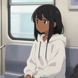 anime visual, portrait of a young black haired girl wearing hoodie, sitting in the overgrowd subway seeing over the window, river, cute face by yoh yoshinari, katsura masakazu, dramatic lighting, dynamic pose, dynamic perspective, strong silhouette, ilya kuvshinov, moody, detailed