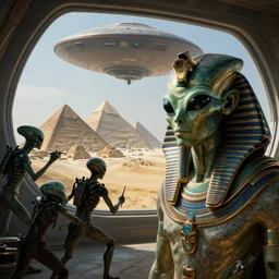 aliens brainsuckers warriors attacking egyptian god near the giant window inside ufo, view to egyptian pyramids, cinematic, perfect face, cyberpunk, fine details, studio lighting, subtle shadows, art by katsuya terada, photorealism, hyper realism, octane render, hyper detailed, canon eos r 3, f / 1. 4, iso 2 0 0, 1 / 1 6 0 s, medium shot, 8 k, raw, unedited, in - frame,