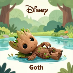 little cute Groot lies in the lake, against the backdrop of trees, poster, by disney plus