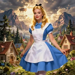 a giant alice in wonderland, pin up, houses, trees, mountains, woman, city, digital art, photo