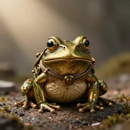 brass steampunk frog facing the camera