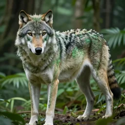 hibrid between a wolf and a tiger with green and grey stripes.  In front of a jungle background. Hyper detailed. Photorealistic.