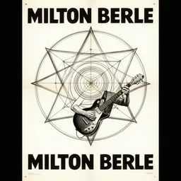 1960s advertisement, poster, a guitarist plays music that turns into sacred geometry, designed by Milton Berle, bold type, minimalist, ultra detailed,