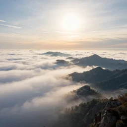 highly detailed photo of dreamy mountains and sea of clouds, sunlit sky, art by raphael lacoste and andreas rocha, super wide angle, concept art, 8 k detail post - processing