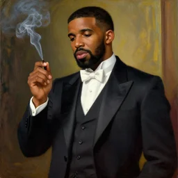 drake wearing a formal suit and smoking by botticelli, brown skin, classical painting, digital painting, romantic, vivid color, oil painting