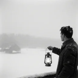a man holds a lantern, snowstorm, foggy, cold, view from the distance, black and white vintage photo