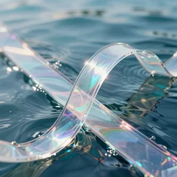 digital painting, transparent glossy glass ribbon on water. holographic curved wave in motion, highly detailed, epic, shallow depth of field, concept art, illustration, vibrant colors, photorealism, trending artstation, cinematic lighting, octane render
