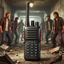 highly detailed macro portait shot of a walkie - talkie in rubble in gta v, in a hallway with zombies in the background, stephen bliss, unreal engine, fantasy art by greg rutkowski, loish, rhads, ferdinand knab, makoto shinkai and lois van baarle, ilya kuvshinov, rossdraws, tom bagshaw, global illumination, detailed and intricate environment