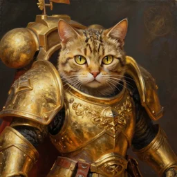 an oil painting of a cat as the emperor of Mankind from the Warhammer 40k, saviour of mankind ,sparkly cat eyes, golden armour, glorious, cinematic, realistic lighting, masterpiece, smooth, Warhammer 40k